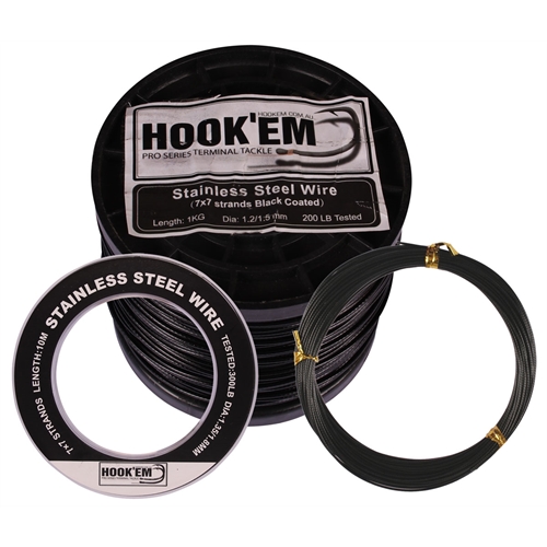 Hookem Fishing Wire - 49 Strand Stainless Steel BLACK NYLON COATED 